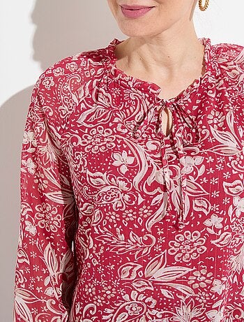 Tunique longue voile fleuri brillant col volanté