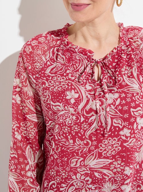 Tunique longue voile fleuri brillant col volanté - Kiabi