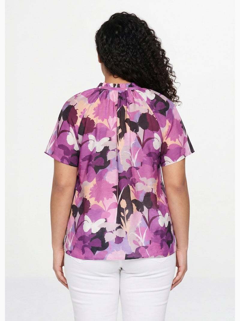 Tunique longue voile fleuri col V volanté - Afibel Noir Violet - Kiabi