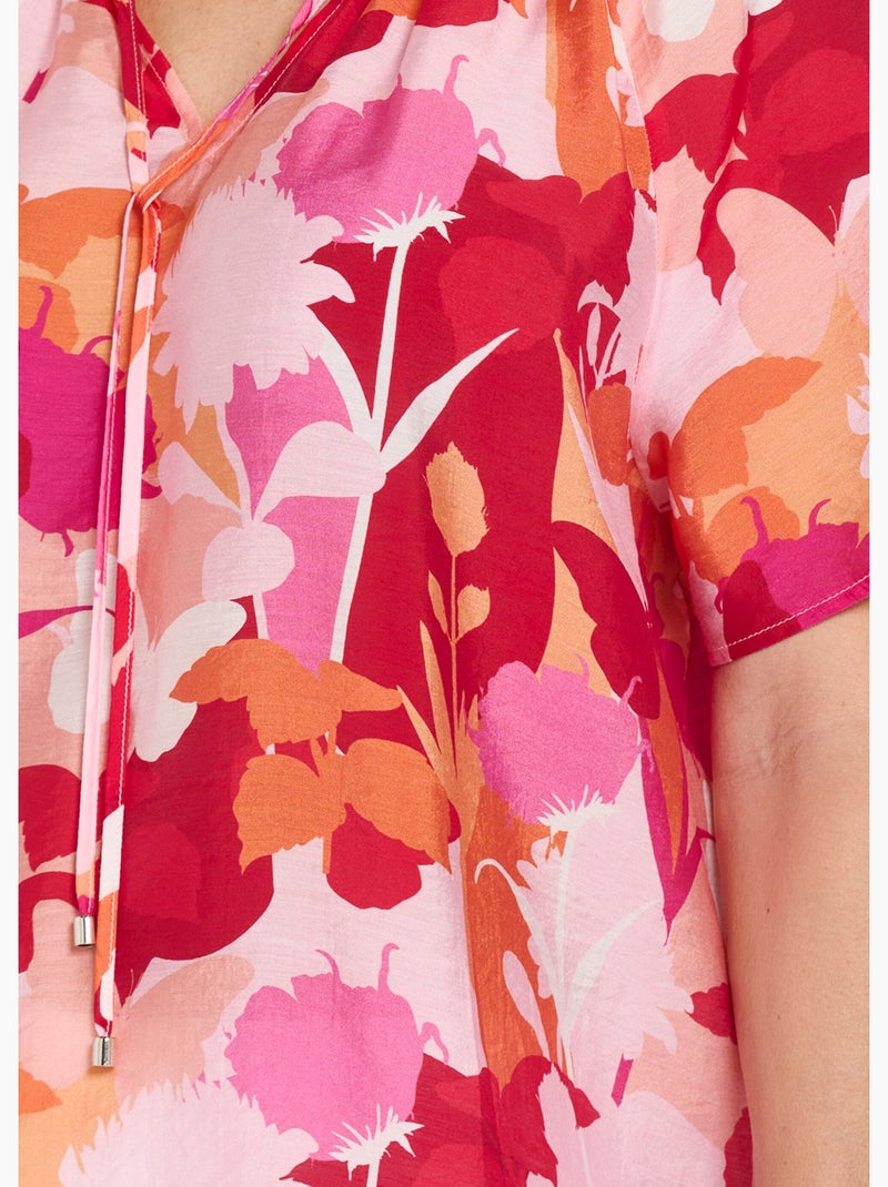 Tunique longue voile fleuri col V volanté - Afibel Rose rouge - Kiabi