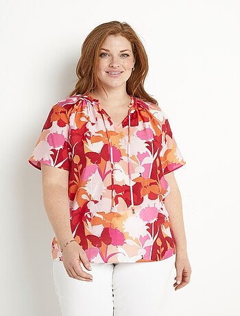 Tunique longue voile fleuri col V volanté