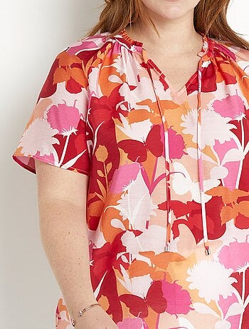 Tunique longue voile fleuri col V volanté