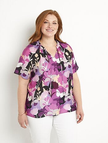 Tunique longue voile fleuri col V volanté