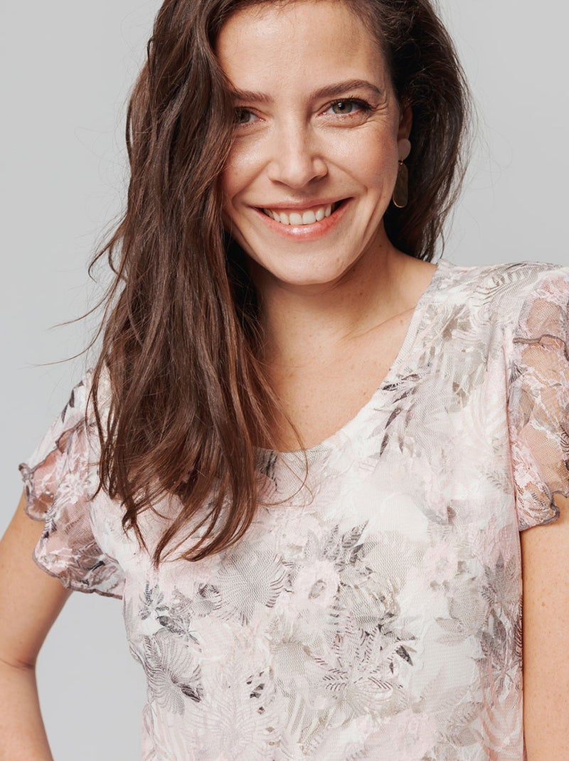 Tunique maille dentelle détails volantés Rose - Kiabi