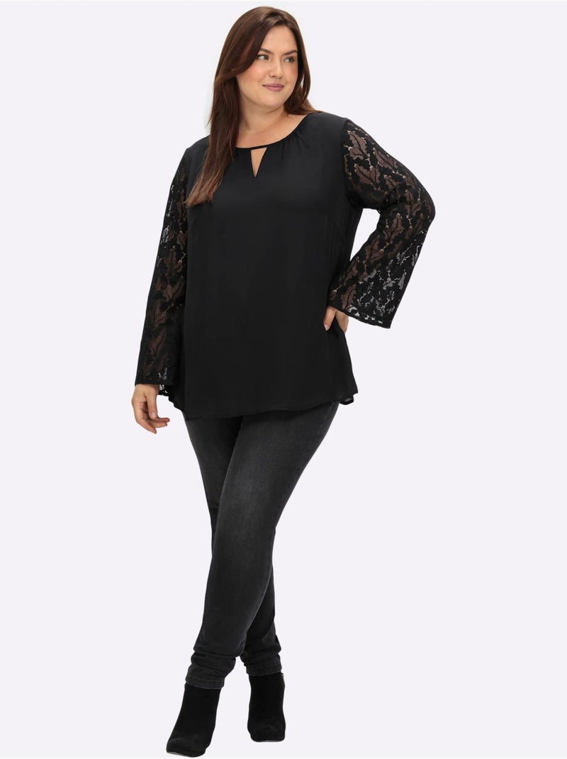 Tunique manches avec dentelle transparente - taille standard - sheego Noir - Kiabi
