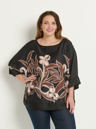 Tunique satin motif floral manches kimono