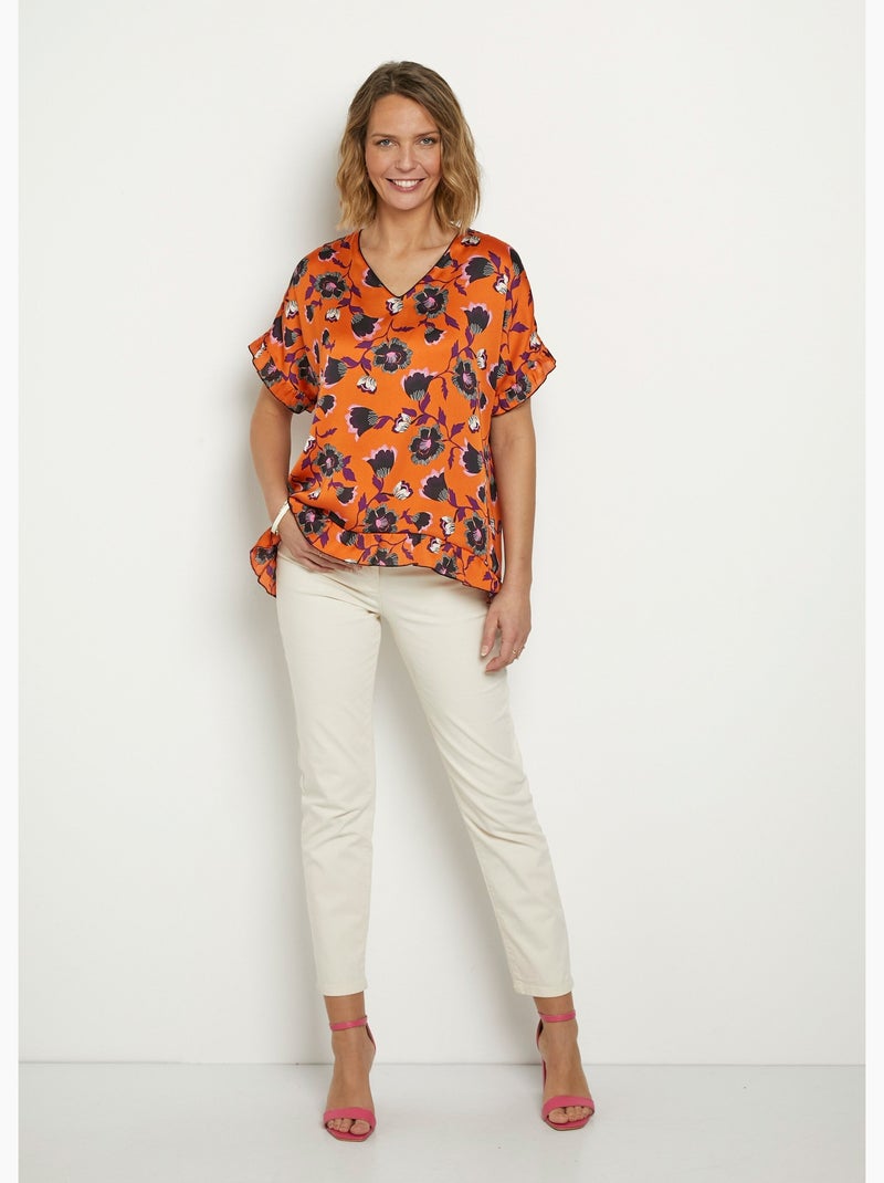 Tunique satinée volantée motif fleuri - Afibel Orange - Kiabi