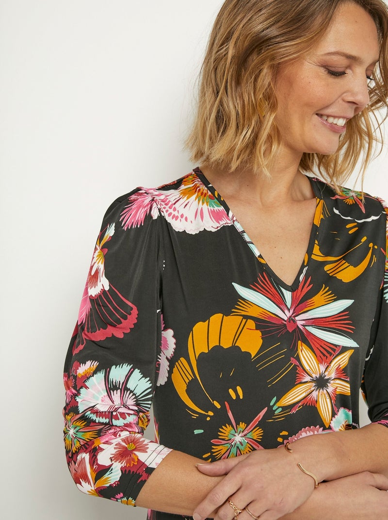 Tunique stretch imprimé fleuri manches 3/4 Noir Noir - Kiabi