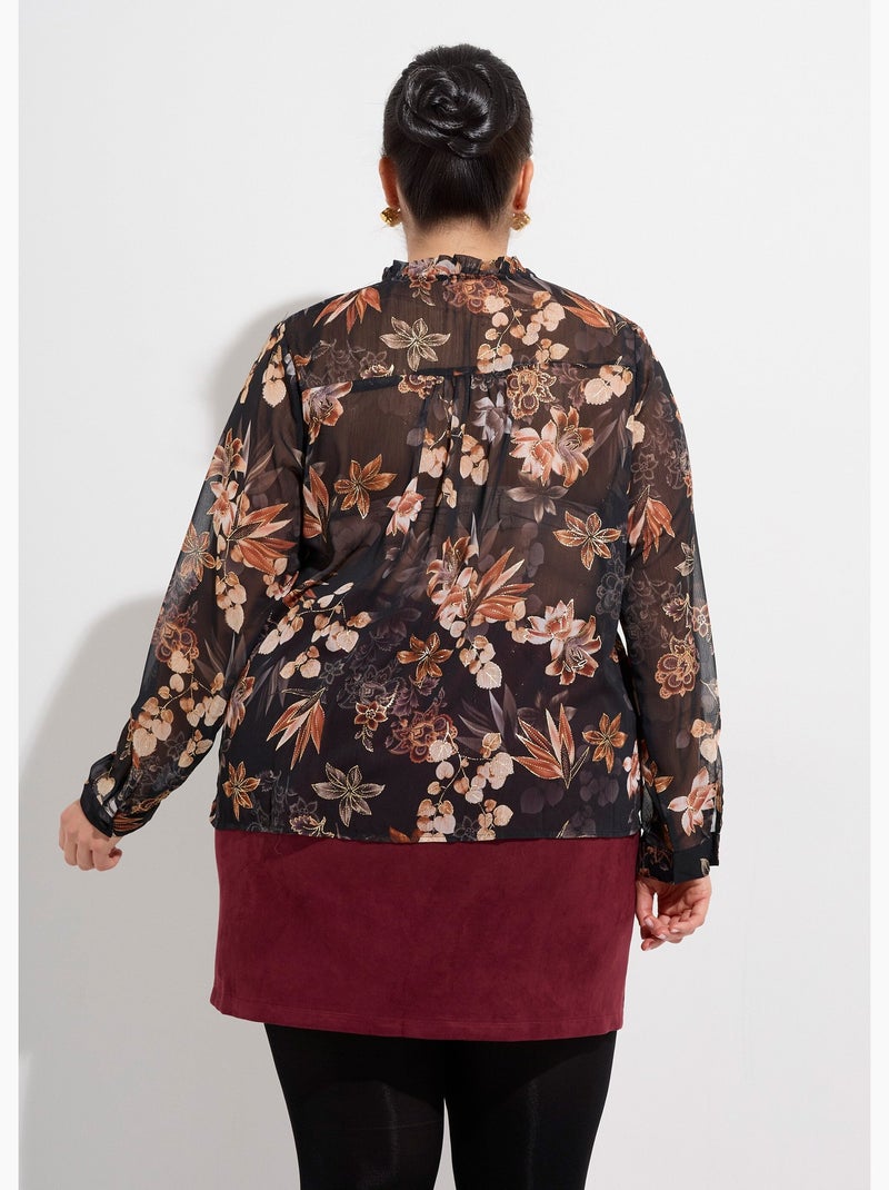 Tunique voile fleuri avec col v volanté - afibel Noir - Kiabi