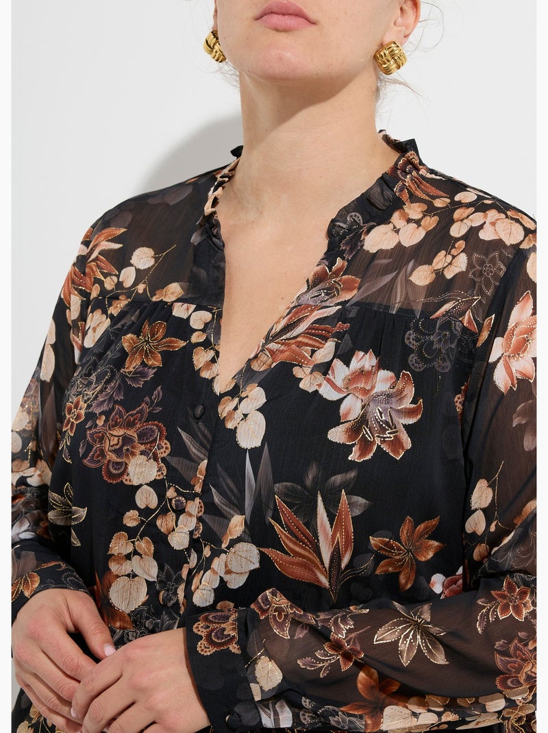 Tunique voile fleuri avec col v volanté - afibel Noir - Kiabi