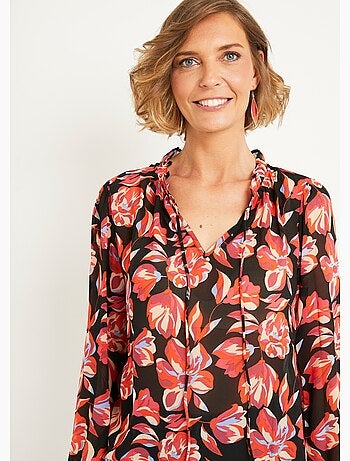 Tunique voile imprimé fleurs liens col V - AFIBEL