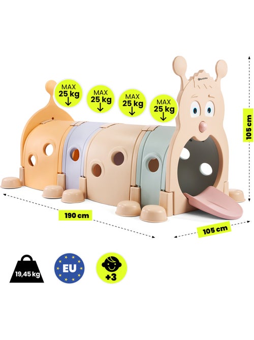 Tunnel de Jeu Modulable Chenille en PEHD et PP 4 Segments Dim 190x105 cm - Kiabi
