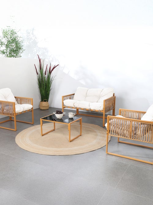 TURINI - Salon de jardin 4 places effet rotin coussins blancs - Kiabi