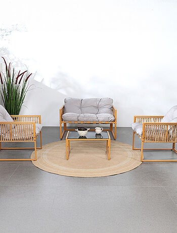 TURINI - Salon de jardin 4 places effet rotin coussins gris clair