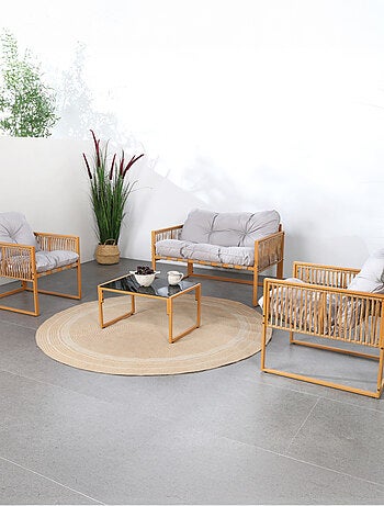 TURINI - Salon de jardin 4 places effet rotin coussins gris clair