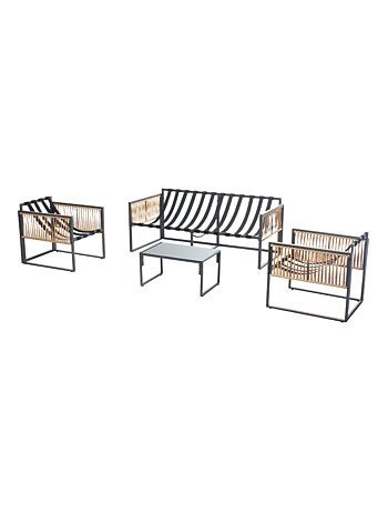 TURINI - Salon de jardin 5 places noir effet rotin coussins gris