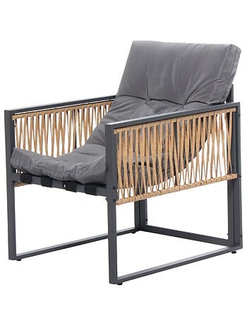 TURINI - Salon de jardin 5 places noir effet rotin coussins gris