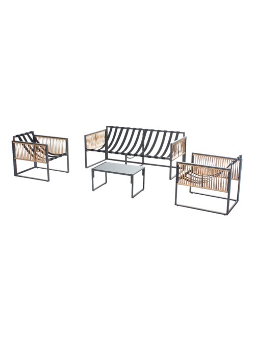 TURINI - Salon de jardin 5 places noir effet rotin coussins gris - Kiabi