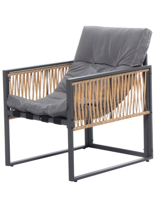 TURINI - Salon de jardin 5 places noir effet rotin coussins gris - Kiabi