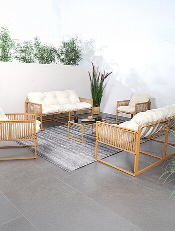 TURINI - Salon de jardin 8 places effet rotin coussins blancs