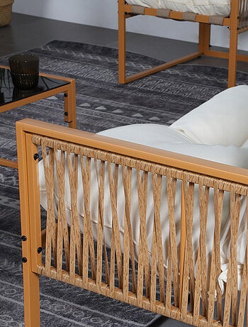 TURINI - Salon de jardin 8 places effet rotin coussins blancs