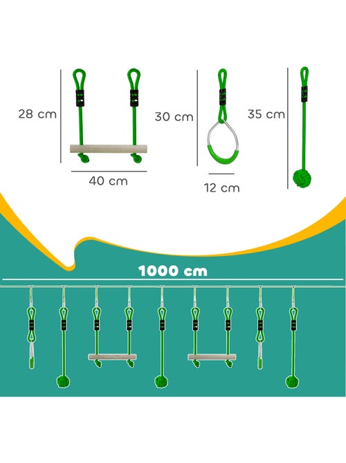 Tyrolienne enfant 10m max. 50Kg - kit complet - nombreux accessoires - vert - Kiabi Tyrolienne enfant 10m max. 50Kg - kit complet - nombreux accessoires - vert - Kiabi