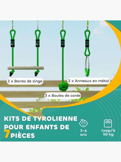 Tyrolienne enfant 10m max. 50Kg - kit complet - nombreux accessoires - vert - Kiabi Tyrolienne enfant 10m max. 50Kg - kit complet - nombreux accessoires - vert - Kiabi