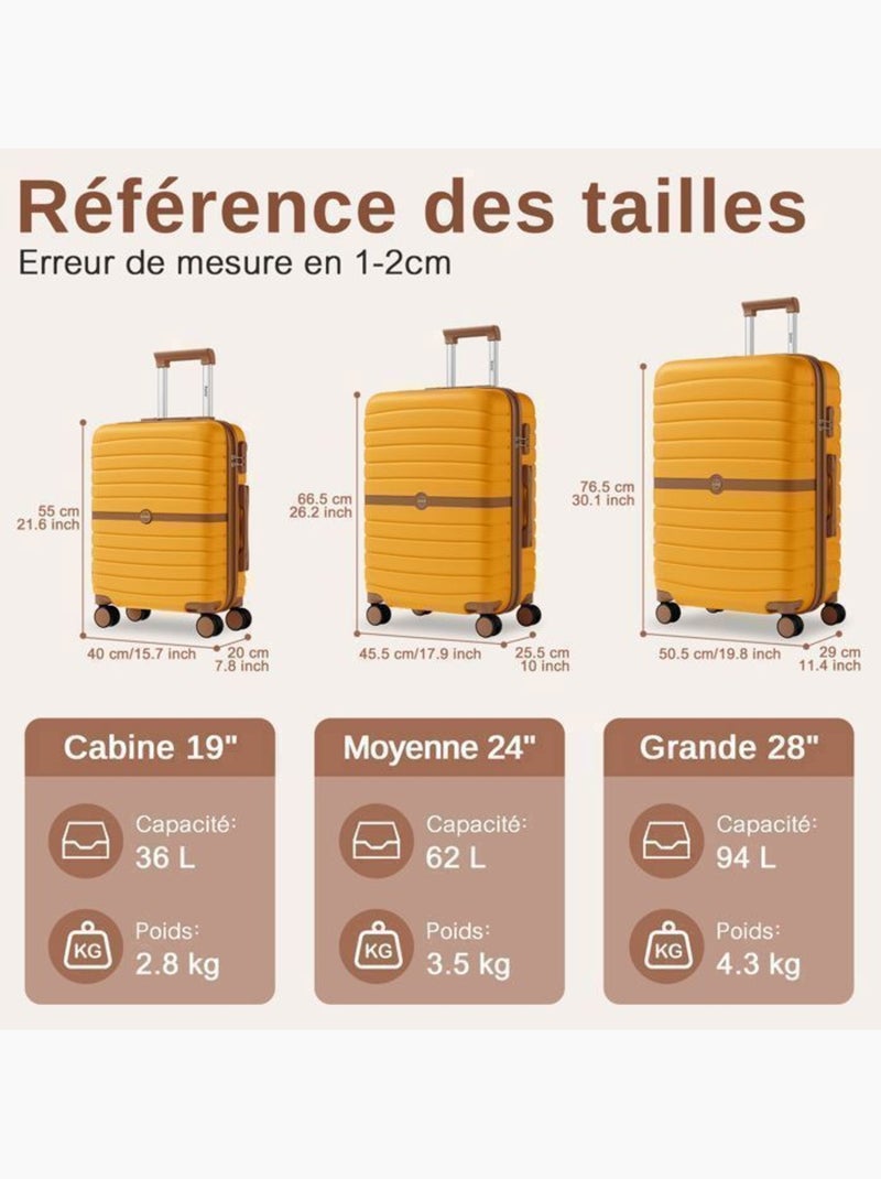 Valise - 66.5x45.5x25 cm, rigide abs + pc, 4 roues 360°, serrure tsa - kono Jaune - Kiabi
