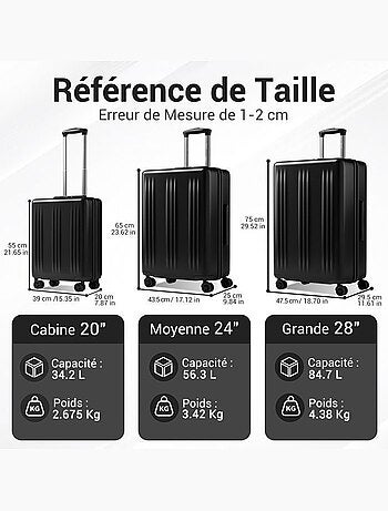 Valise - 75x47.5x29.5 cm, rigide abs + pc, 4 roues 360°, serrure tsa - kono