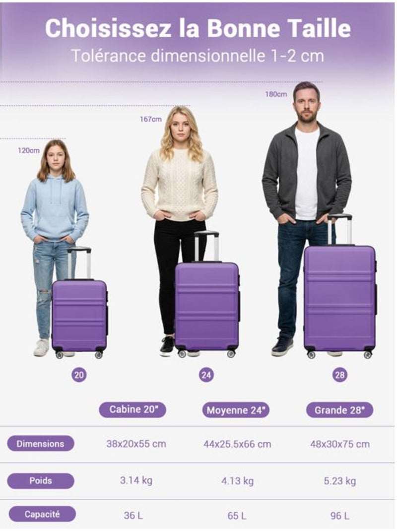 Valise - 75x48x30 cm, rigide abs + pc, 4 roues 360°, serrure tsa - kono Violet - Kiabi