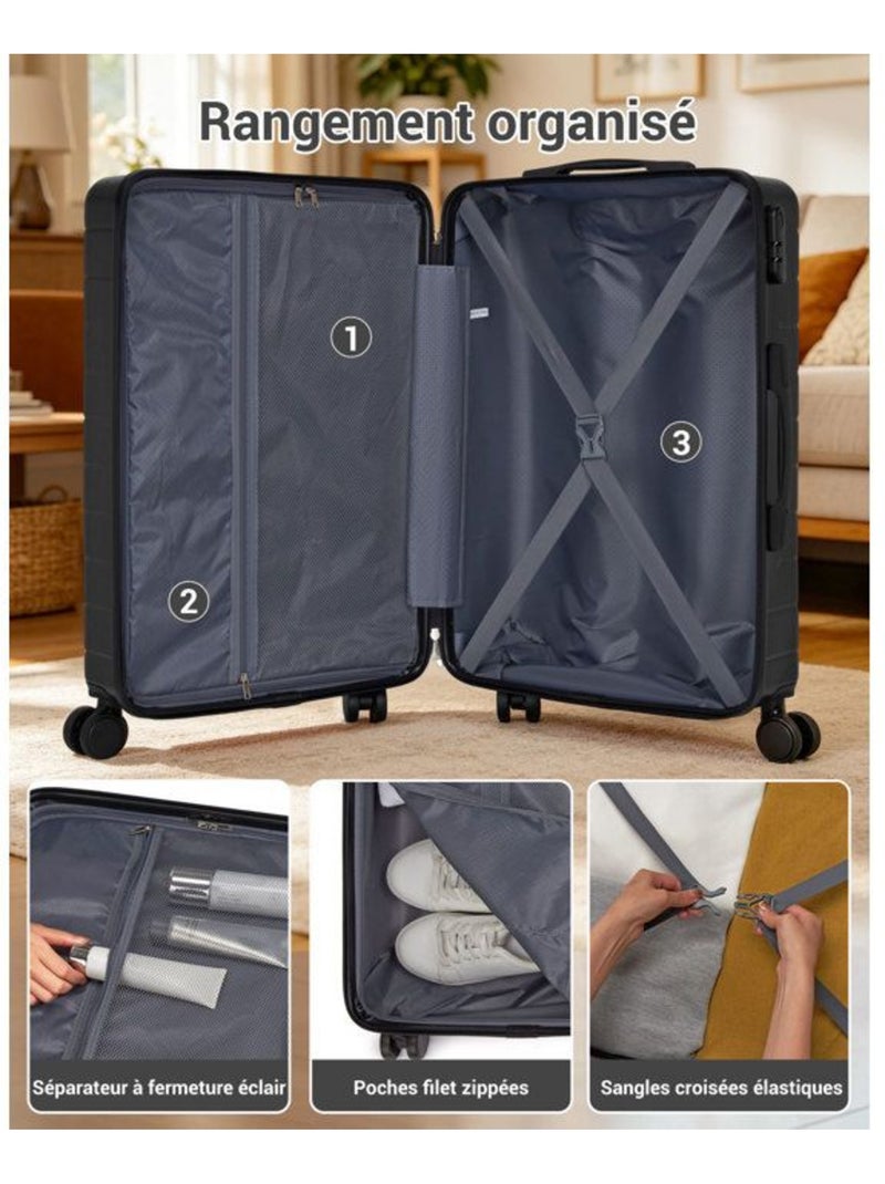 Valise - 76x50x29 cm, rigide abs, 4 roues 360°, serrure à code - kono Noir - Kiabi