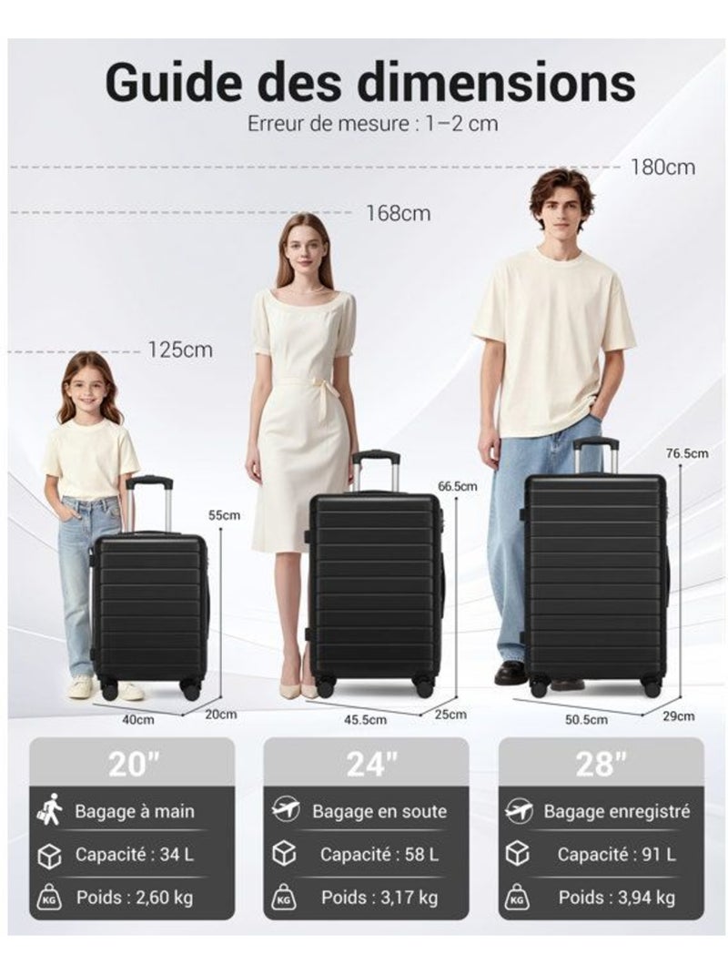 Valise - 76x50x29 cm, rigide abs, 4 roues 360°, serrure à code - kono Noir - Kiabi