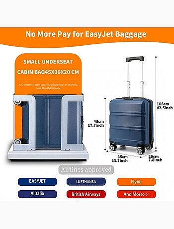 Valise cabine - 45x35x20 cm abs 4 roulettes serrure tsa - kono