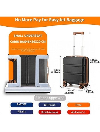 Valise cabine - 45x35x20 cm, rigide abs, 4 roues 360°, serrure tsa - kono