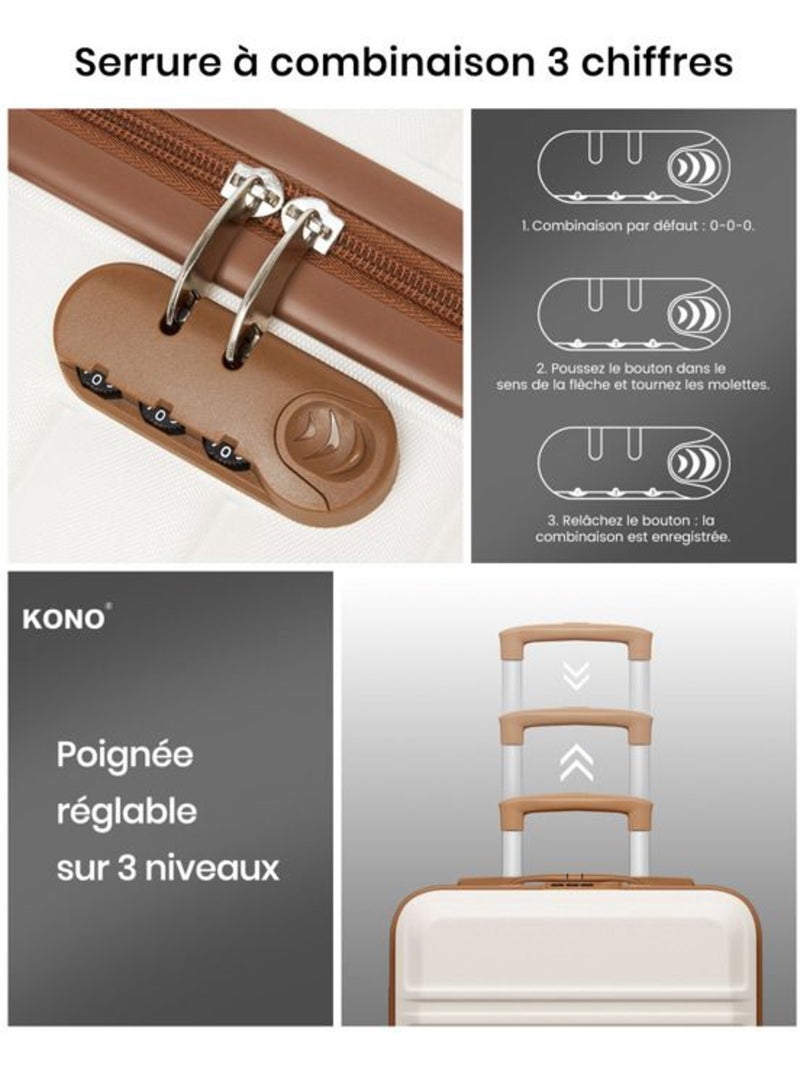 Valise cabine - 45x36x20 cm abs 4 roulettes serrure tsa - kono Blanc - Kiabi