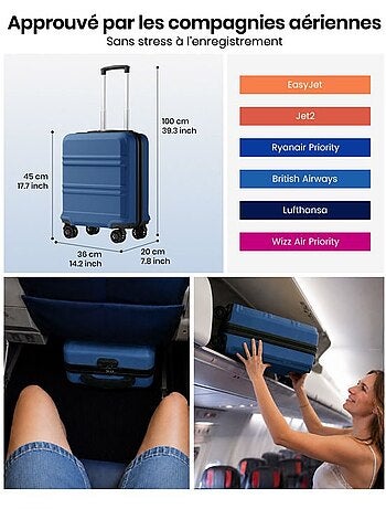 Valise cabine - 45x36x20 cm abs 4 roulettes serrure tsa - kono