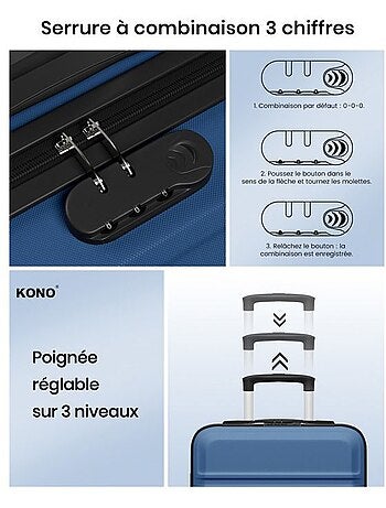 Valise cabine - 45x36x20 cm abs 4 roulettes serrure tsa - kono