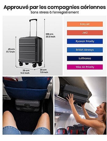 Valise cabine - 45x36x20 cm abs 4 roulettes serrure tsa - kono