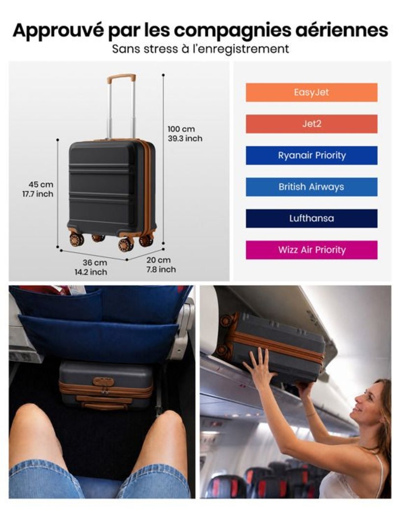 Valise cabine - 45x36x20 cm abs 4 roulettes serrure tsa - kono Noir - Kiabi