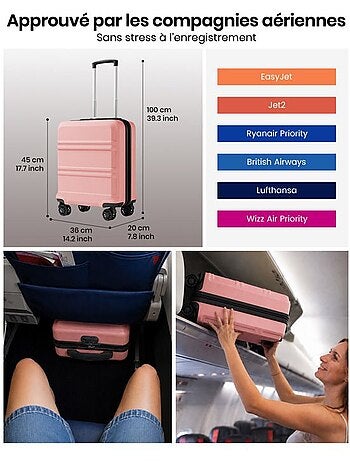 Valise cabine - 45x36x20 cm, rigide abs, 4 roues 360°, serrure tsa - kono