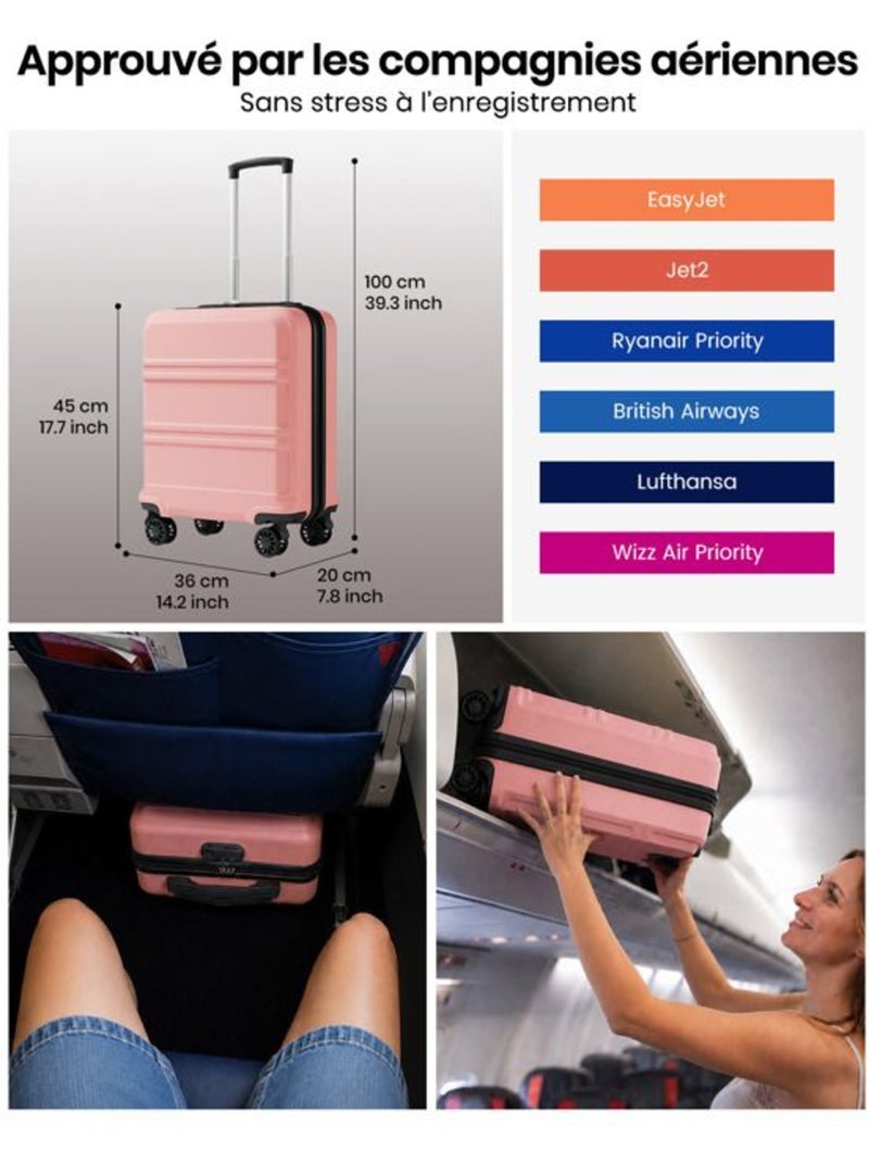 Valise cabine - 45x36x20 cm, rigide abs, 4 roues 360°, serrure tsa - kono Rose - Kiabi