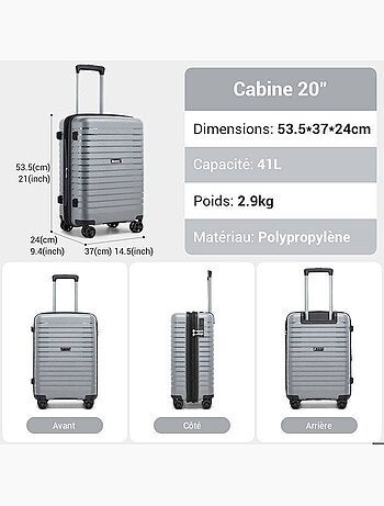 Valise cabine - 53.5x37x24 cm polypropylène 4 roulettes serrure tsa - kono