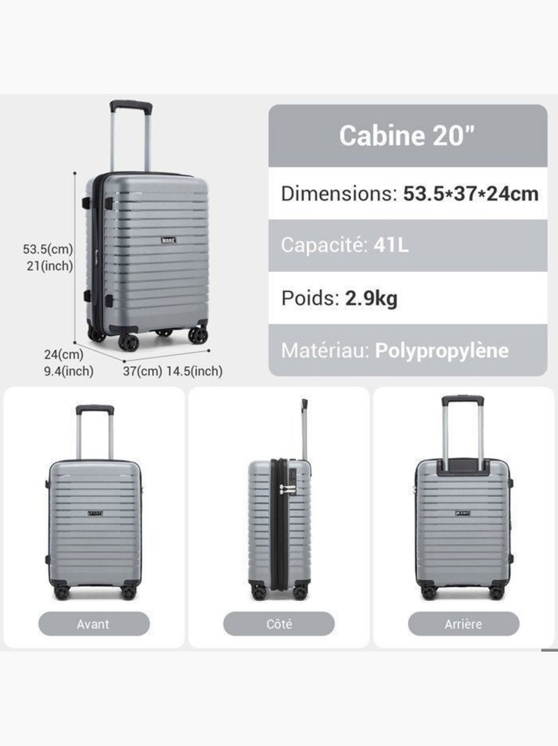 Valise cabine - 53.5x37x24 cm polypropylène 4 roulettes serrure tsa - kono Gris - Kiabi