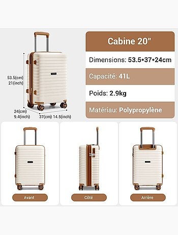 Valise cabine - 53.5x37x24 cm, rigide polypropylène (pp), extensible, 4 roues 360° - kono