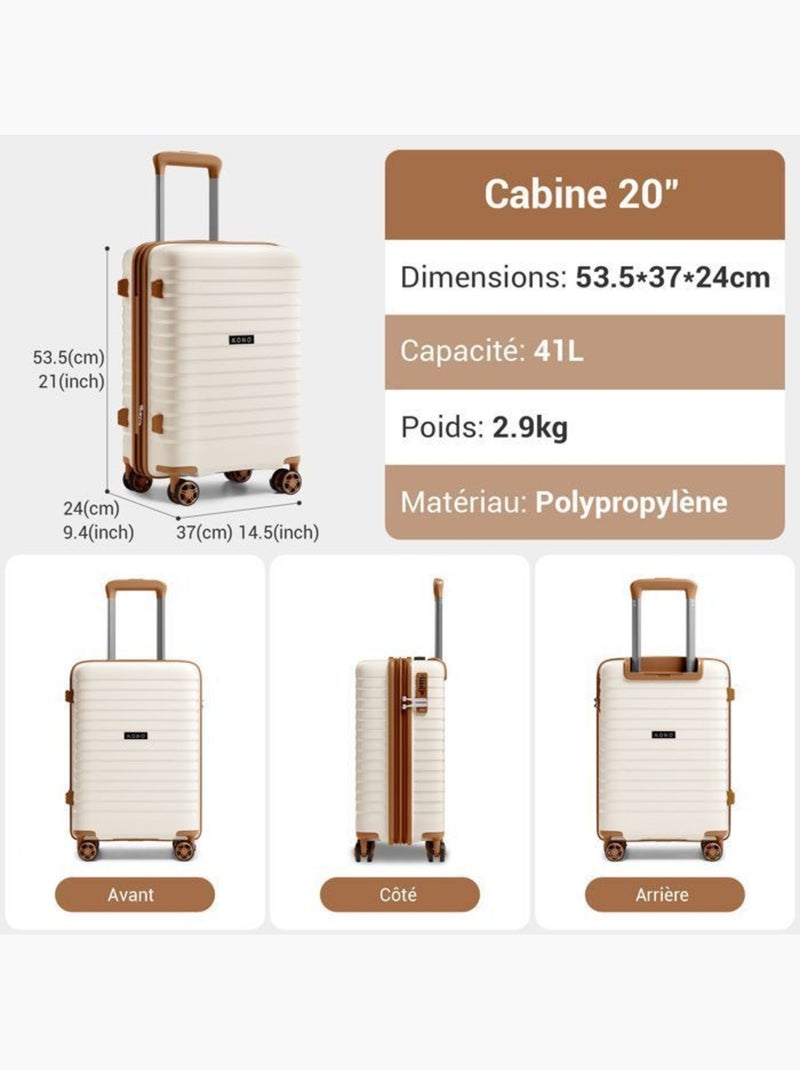 Valise cabine - 53.5x37x24 cm, rigide polypropylène (pp), extensible, 4 roues 360° - kono Blanc - Kiabi