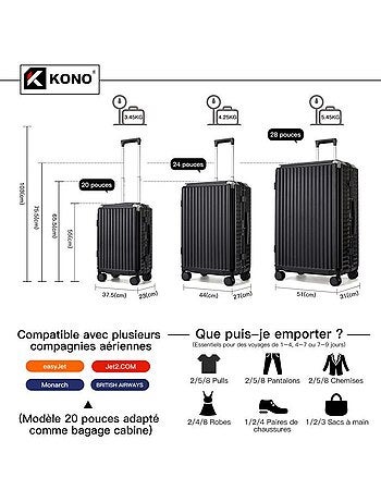 Valise cabine - 55x37.5x25 cm rigide 4 roulettes serrure tsa - kono