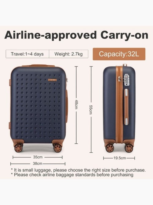 Valise cabine - 55x38x19.5 cm, rigide abs + pc, 4 roues 360°, serrure tsa - kono - Kiabi Valise cabine - 55x38x19.5 cm, rigide abs + pc, 4 roues 360°, serrure tsa - kono - Kiabi