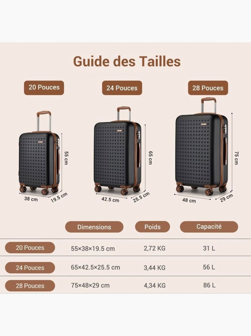 Valise cabine - 55x38x19.5 cm, rigide abs + pc, 4 roues 360°, serrure tsa - kono Noir - Kiabi