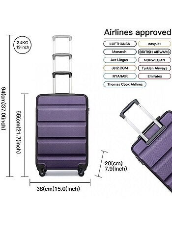 Valise cabine - 55x38x20 cm abs 4 roulettes serrure tsa - kono