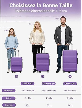 Valise cabine - 55x38x20 cm, rigide abs + pc, 4 roues 360°, serrure tsa - kono